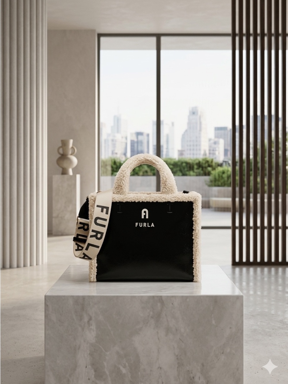 Furla Black and Cream Shearling-Trim Shoulder Tote with Logo Strap
